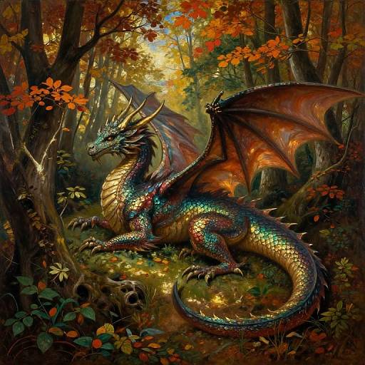 Digital painting of a vibrant, iridescent dragon with red-orange wings resting in a sunlit, autumn forest, surrounded by colorful leaves and lush green