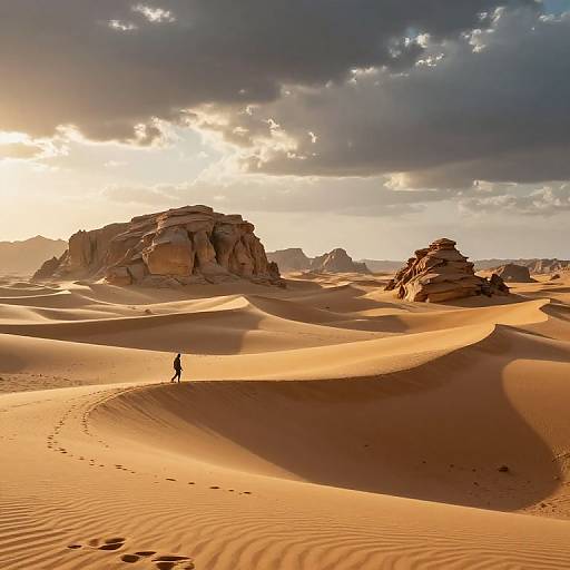 Photograph of a lone hiker walking through a sunlit, golden desert with rippled sand dunes and towering rocky formations under a dramatic, cloud