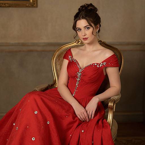 Photograph of a fair-skinned woman with dark hair in an updo, wearing an off-shoulder red gown adorned with silver sequins,