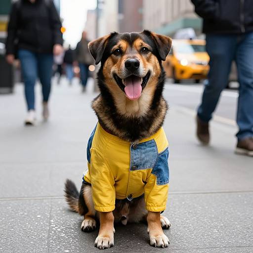 Photograph of a happy, medium-sized dog with brown and black fur, wearing a yellow jacket with blue denim patch, sitting on a city sidewalk with