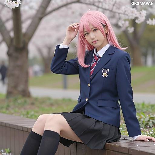 Cherry Blossom Beauty in School Uniform