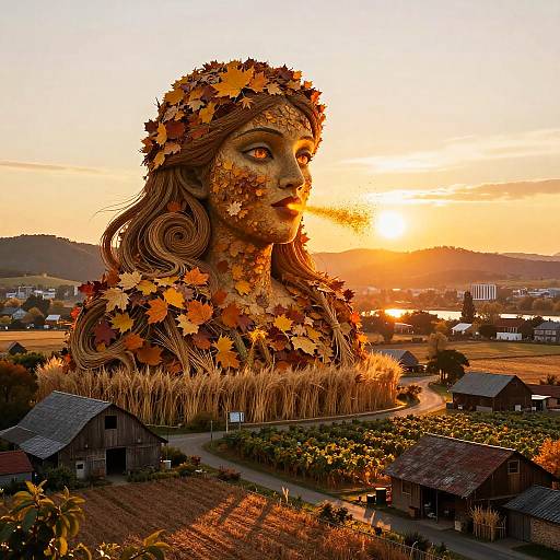 Enormous Harvest Goddess Over Countryside