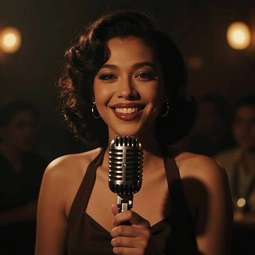 Photograph of a smiling Asian woman with curly black hair, holding a vintage microphone, wearing a brown halter top, dimly lit club background.