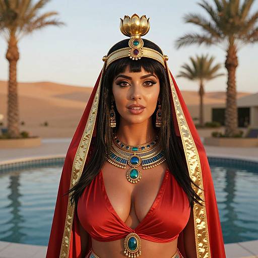 Digital artwork of a dark-haired woman with large breasts, wearing a gold crown, red veil, and matching jewelry, by a pool in a desert oasis