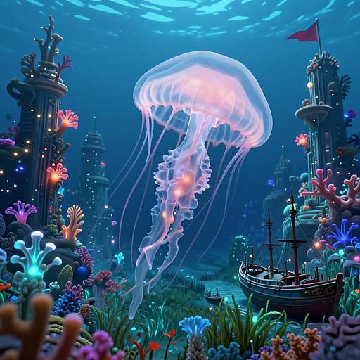 Vibrant digital illustration of a glowing jellyfish floating above a colorful underwater city with coral reefs, shipwreck, and illuminated towers.