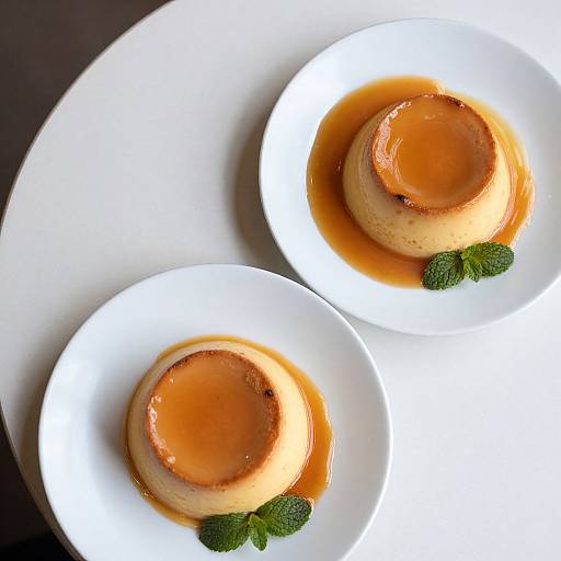 Photograph of two caramelized pear desserts on white plates, each garnished with a mint leaf, with caramel sauce pooling around.