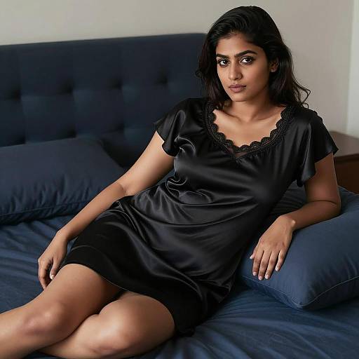 South Asian Woman in Black Satin Nightdress Relaxing Indoors