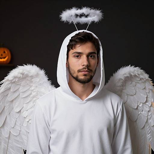 Photograph of a bearded man with dark hair, wearing a white angel costume with fluffy wings and halo, against a dark background, with a carved