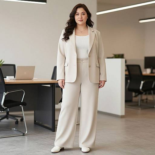 Photograph of a confident woman with long, wavy dark hair, wearing a cream blazer, white top, and matching wide-leg pants, standing