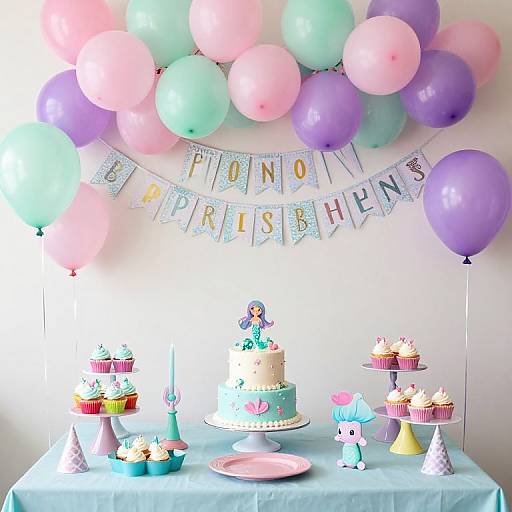 Colorful birthday party setup with pastel balloons, 