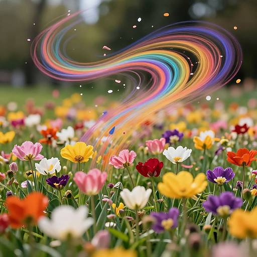 Photograph of a colorful flower field with vibrant rainbow light trails swirling above, surrounded by red, yellow, white, pink, and purple flowers.