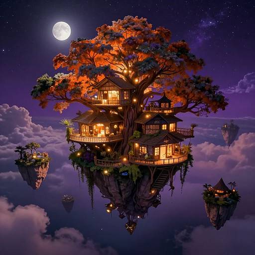 Fantastical digital illustration of a glowing, orange-leaved treehouse floating in a starry night sky, surrounded by floating islands, with a full