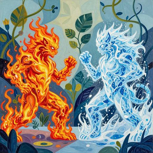 Digital illustration of a fiery, orange, humanoid figure facing a glowing, blue, water-based figure amidst stylized plants and foliage.