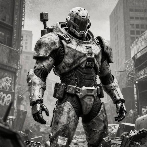 Black-and-white digital artwork of a heavily armored, futuristic soldier with a helmet, standing amidst a ruined, graffiti-covered cityscape.