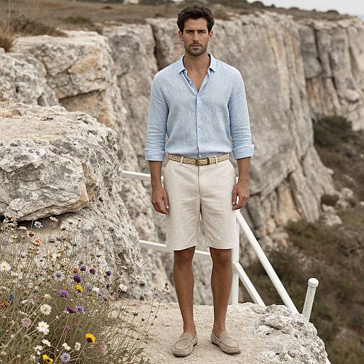 Photograph of a bearded man in light blue shirt, white shorts, beige belt, and loafers, standing on rocky cliff with wildflowers and