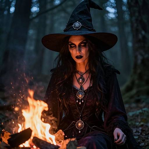 Photograph of a dark-haired witch with intense eyes, black lipstick, and a large pointed hat, seated by a glowing campfire in a forest at