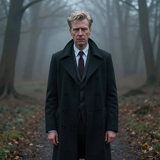 Man in Dark Overcoat in Foggy Forest