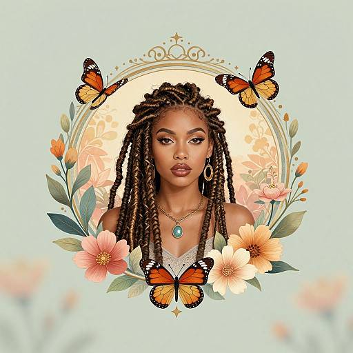 Digital illustration of a beautiful Black woman with long braids, orange butterfly accents, floral background, wearing a turquoise necklace, golden hoop earrings, and white