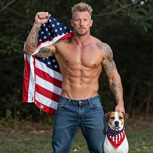 Muscular, tattooed, blonde man with short hair, shirtless, holding American flag over shoulder, jeans, standing with beagle wearing red-white