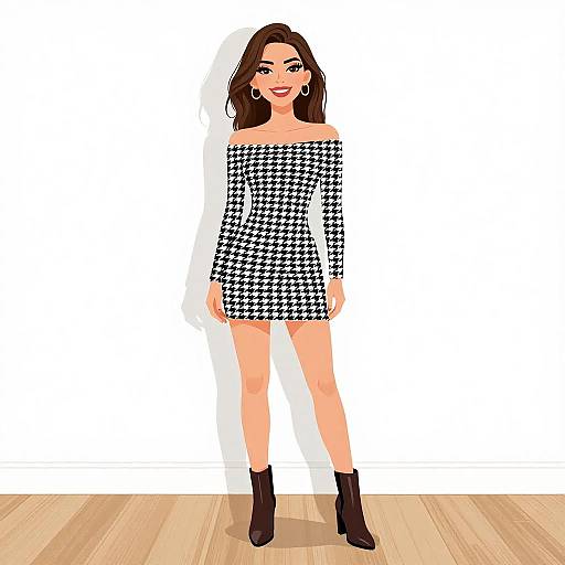 Digital illustration of a smiling woman with long brown hair, wearing a black-and-white houndstooth off-shoulder dress and black ankle boots,