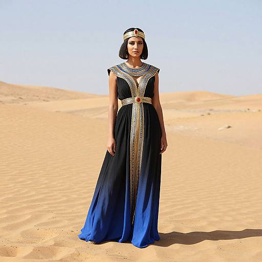 Photograph of a woman with medium brown skin, black bob haircut, wearing an elaborate black and blue gown with gold and red embellishments, standing in