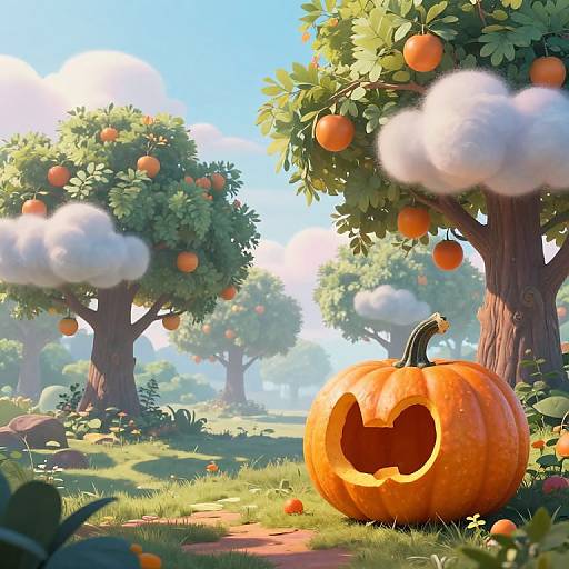 Digital illustration of a carved, orange pumpkin with a jagged mouth, surrounded by lush orange trees, fluffy white clouds, and scattered oranges under a bright
