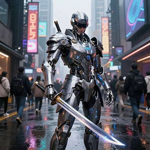 Cinematic Cybernetic Samurai in Futuristic City