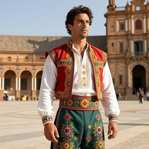 Photograph of a dark-haired man in traditional Spanish flamenco attire, featuring a red embroidered vest, white shirt, and green floral pants, standing in
