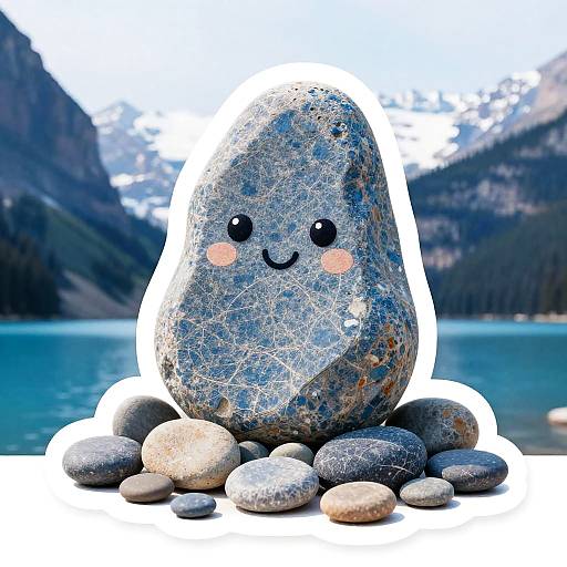Photograph of a gray, speckled rock with cute black eyes and pink blush, standing among smooth pebbles, with a mountain lake and