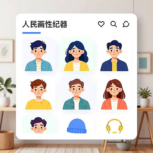 Digital illustration of six pairs of cartoon characters, each with different hairstyles and clothing, labeled in Japanese and English. Background features a blurred, modern living room