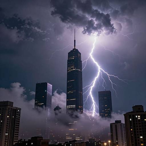 Photograph of a city skyline at night with a tall skyscraper in the center, struck by a bright, jagged lightning bolt amidst dark, storm