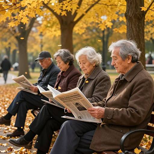 Photograph of four elderly people, three women and one man, sitting on a park bench reading newspapers under autumn trees with vibrant yellow leaves.