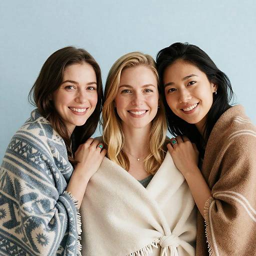 Smiling Women in Colorful Blankets