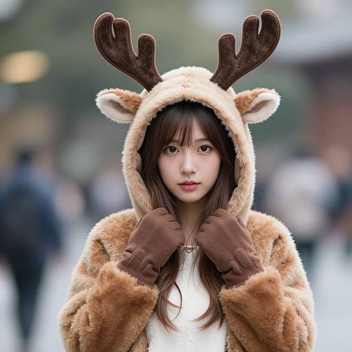 Photograph of an Asian woman with long brown hair, wearing a fluffy reindeer hooded coat with antlers, brown gloves, and a white top