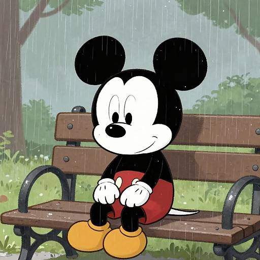 Cartoon Mickey Mouse sitting on a wooden bench in a rainy park, wearing red shorts and yellow shoes, with a sad expression.