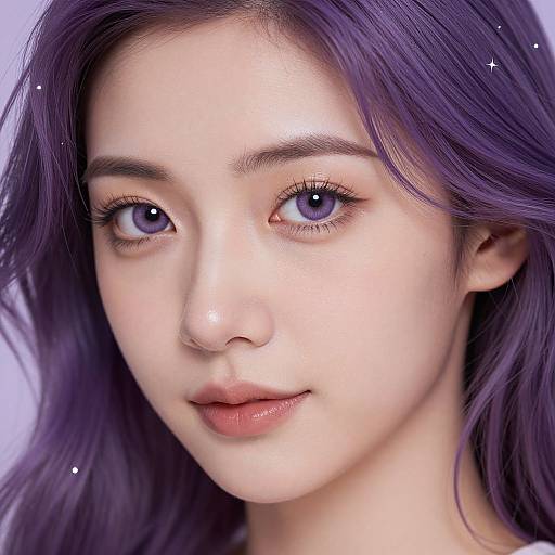 Digital portrait of a young woman with fair skin, purple hair, and blue eyes, featuring a soft, glowing complexion and subtle sparkles.