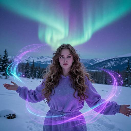 Young woman with long wavy brown hair, wearing a purple sweater, stands in snowy landscape, creating glowing purple and blue aurora circles with her hands