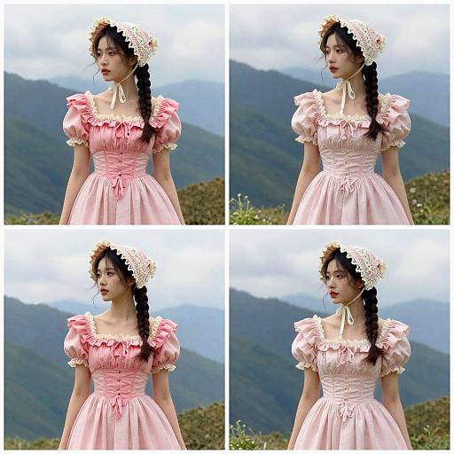 Photograph collage of an Asian woman in a pink, puffed-sleeve, ruffled dress with white flower headpiece, standing in a mountain