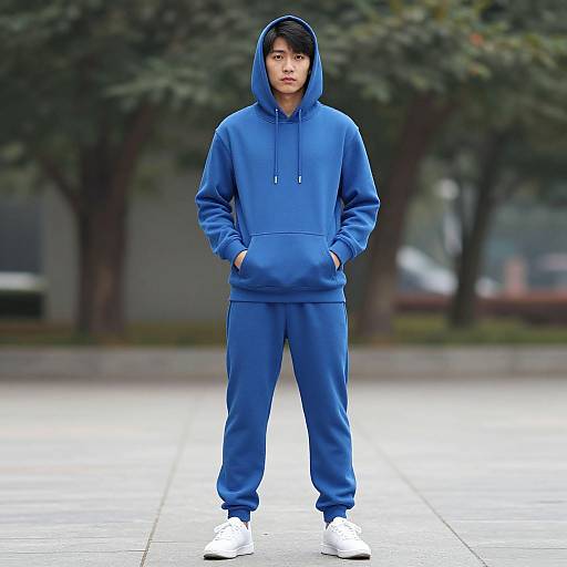 Photograph of an Asian teenage boy in a blue hoodie and matching joggers, white sneakers, standing with hands in pockets, hood up, outdoors with