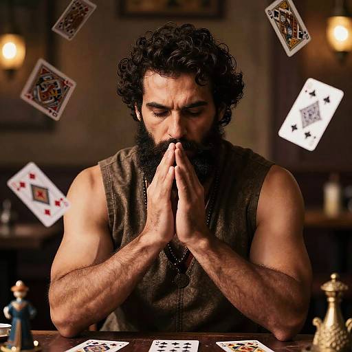 Photograph of a muscular, bearded man with curly hair, praying hands, wearing a brown sleeveless shirt, surrounded by floating playing cards in a