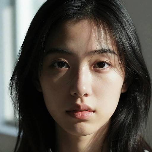 Photograph of a young Asian woman with long black hair, soft light on her face, shadowed background, neutral expression, and natural makeup.