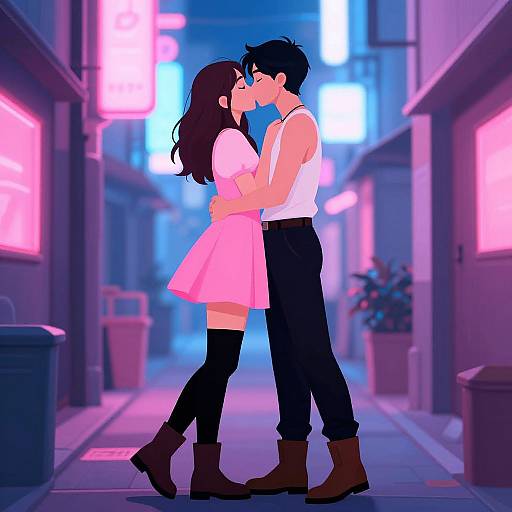 Digital anime-style drawing of a couple kissing in a neon-lit, narrow urban alley at night, wearing casual clothes with a pink dress and white tank