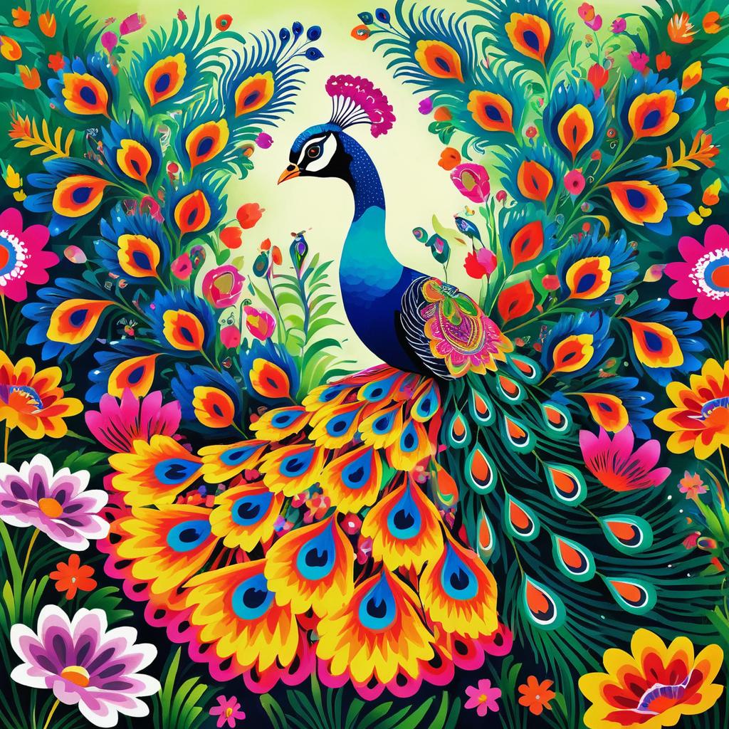 Flamboyant Peacock in a Vibrant Garden