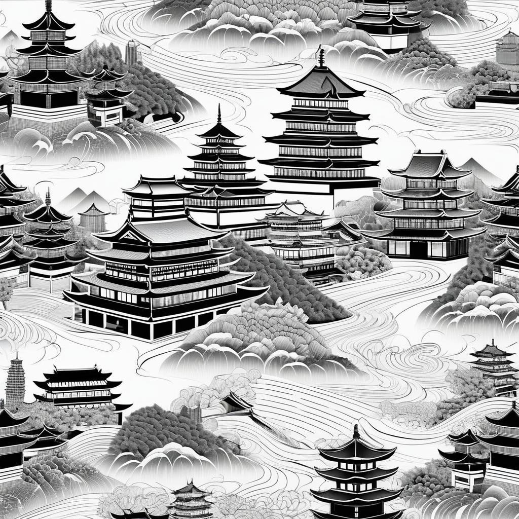 Elegant Line Art of Asian Landmarks