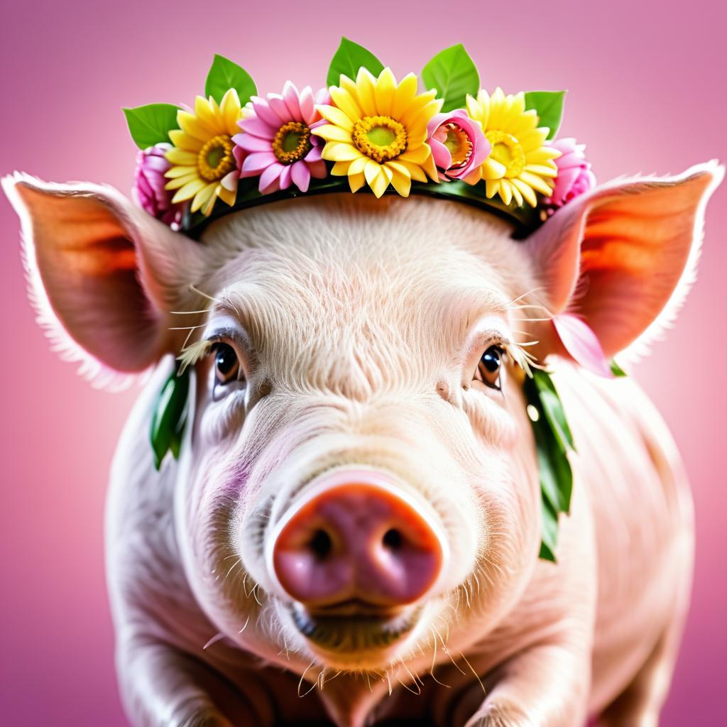 Charming Pig with Flower Crown in Macro