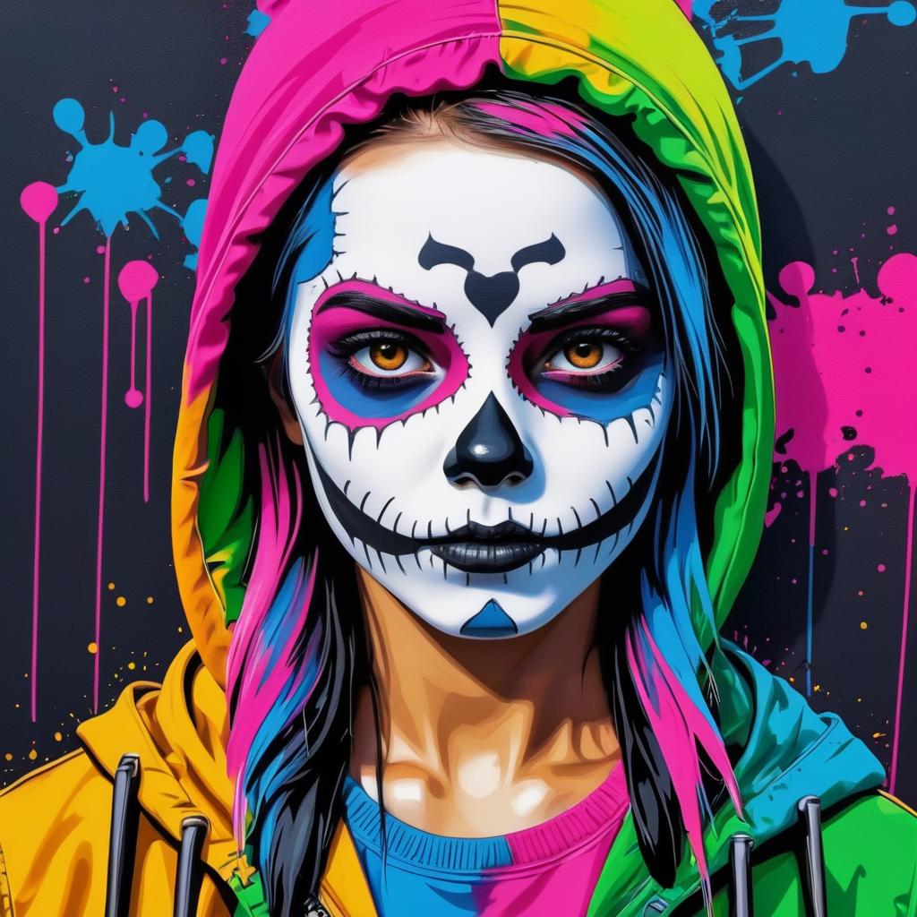 Vibrant Portrait of Skull-Faced Girl