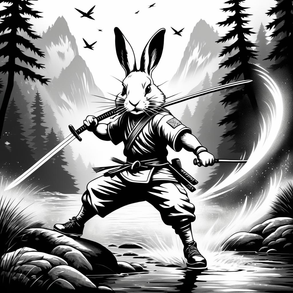 Dynamic Warrior Rabbit in Black and White