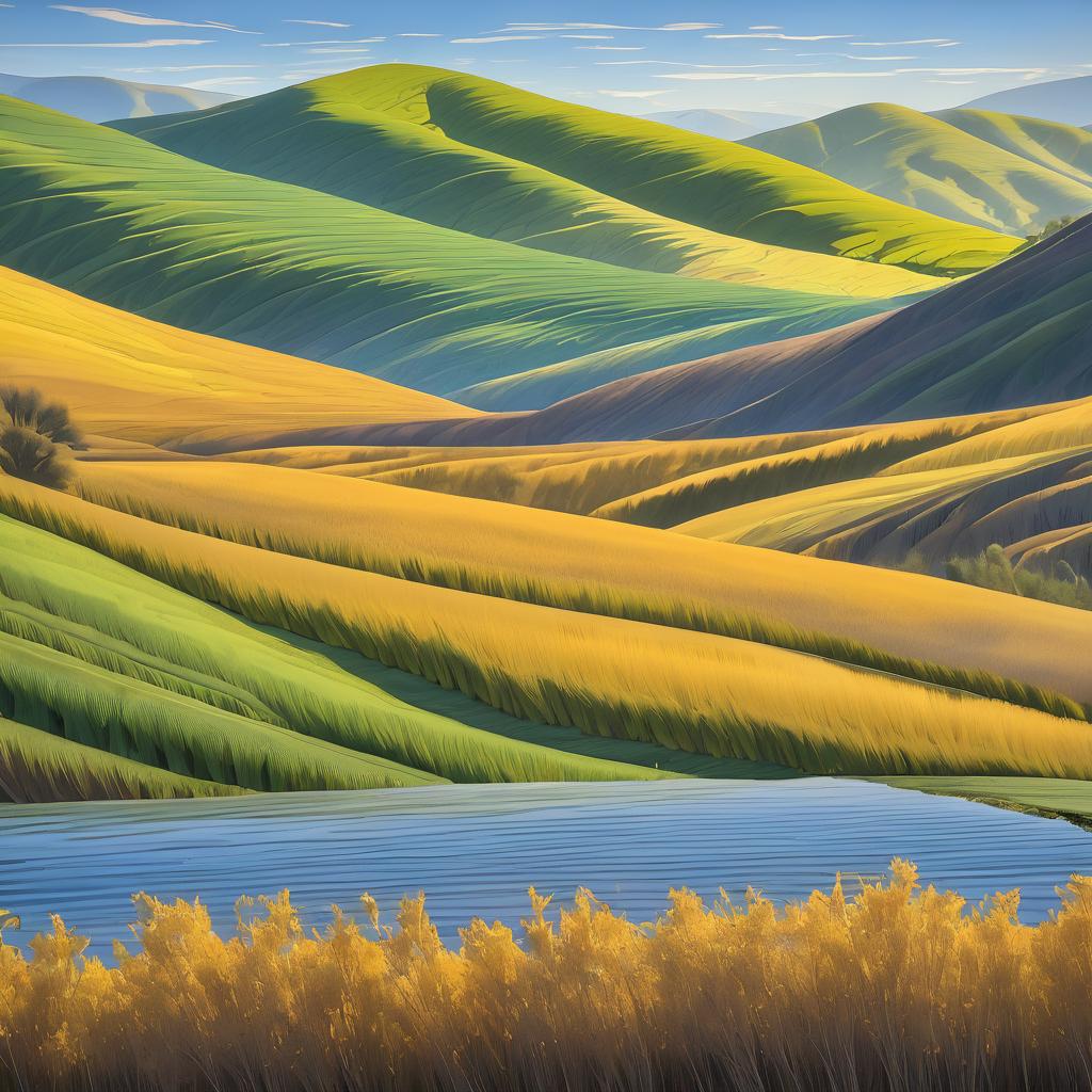 Serene Riverbank with Rolling Hills