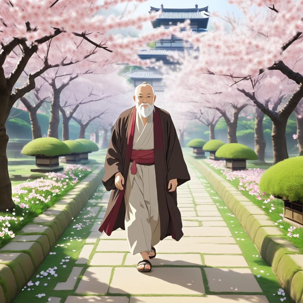 Serene Monk in Cherry Blossom Garden