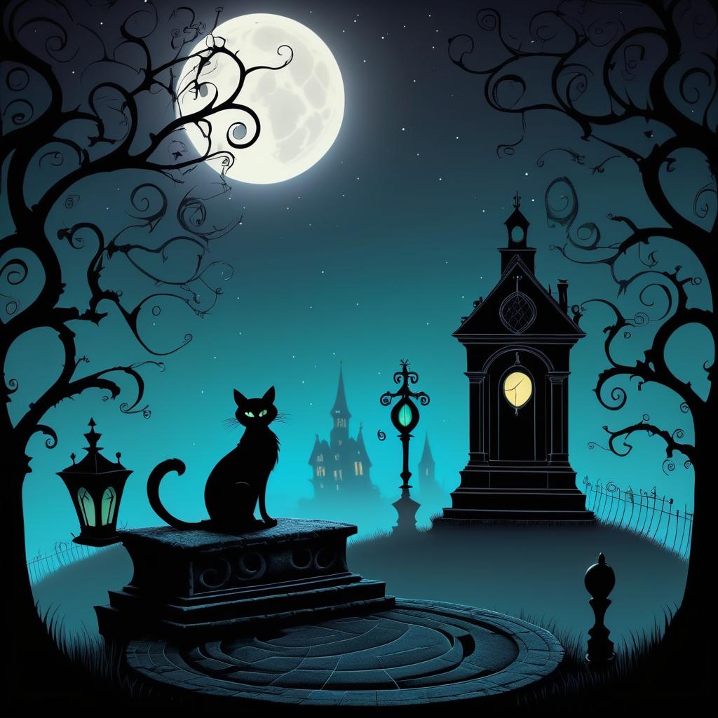 Whimsical Cat in Haunted Graveyard Scene